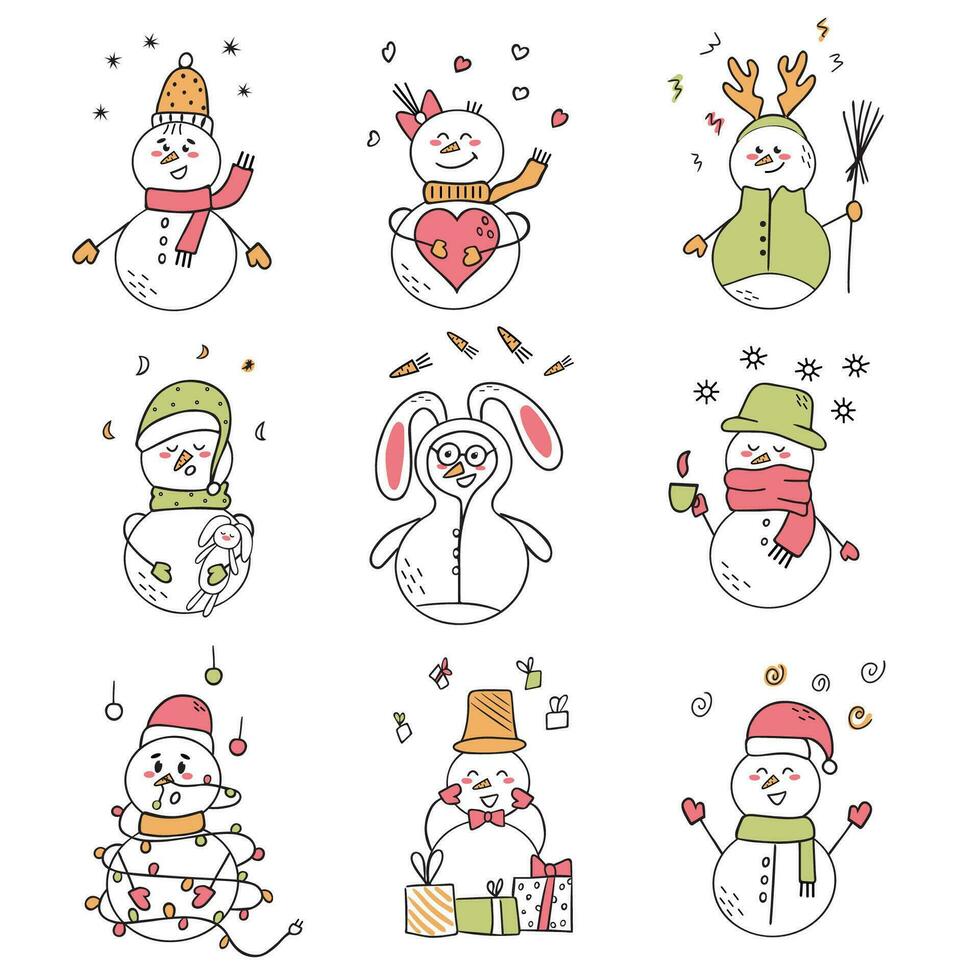 Set of funny snowmen. Doodle illustration. Design for cards or Christmas stickers. Hello winter vector
