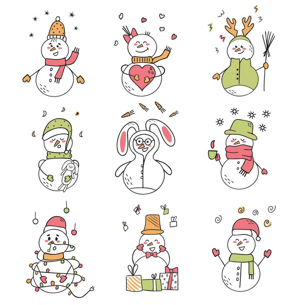 conjunto de gracioso muñecos de nieve garabatear ilustración. diseño para tarjetas o Navidad pegatinas Hola invierno vector