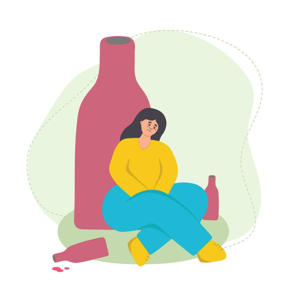 hembra alcoholismo. triste niña con depresión y un botella de vino. malo hábito, alcohol adiccion. plano vector ilustración