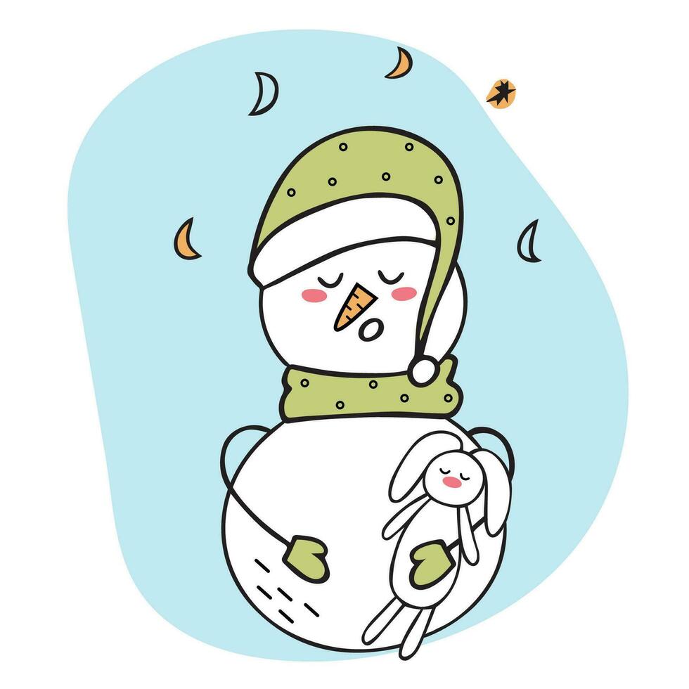 el monigote de nieve duerme con un juguete en su manos. garabatear ilustración. para niños personaje. Hola invierno vector