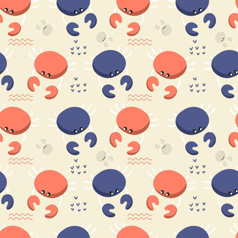 Seamless pattern with crabs.  Flat colorful vector illustration for wrapping paper, textile print.