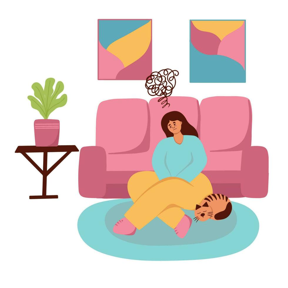 Loneliness. A sad girl sits in a room with bad thoughts in her head. Depression. Flat illustration vector