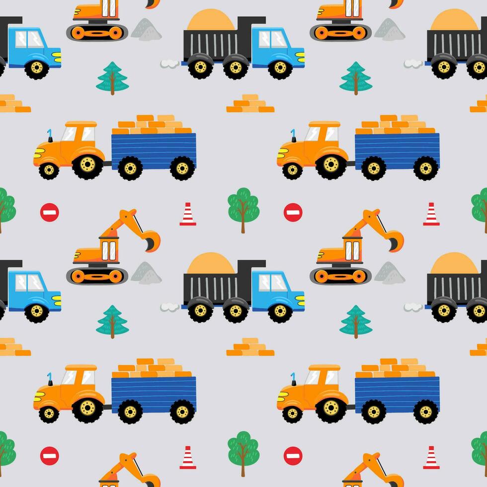 Seamless pattern with hand drawn transport. Tractor, truck and excavator. Cartoon background for Kids. Vector illustrations. Kids wallpaper design. Baby room design, wall decor, mural.