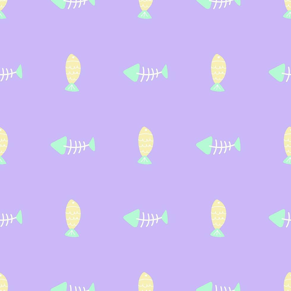 Hand drawn vector cat seamless cartoon fish and fish bone pattern