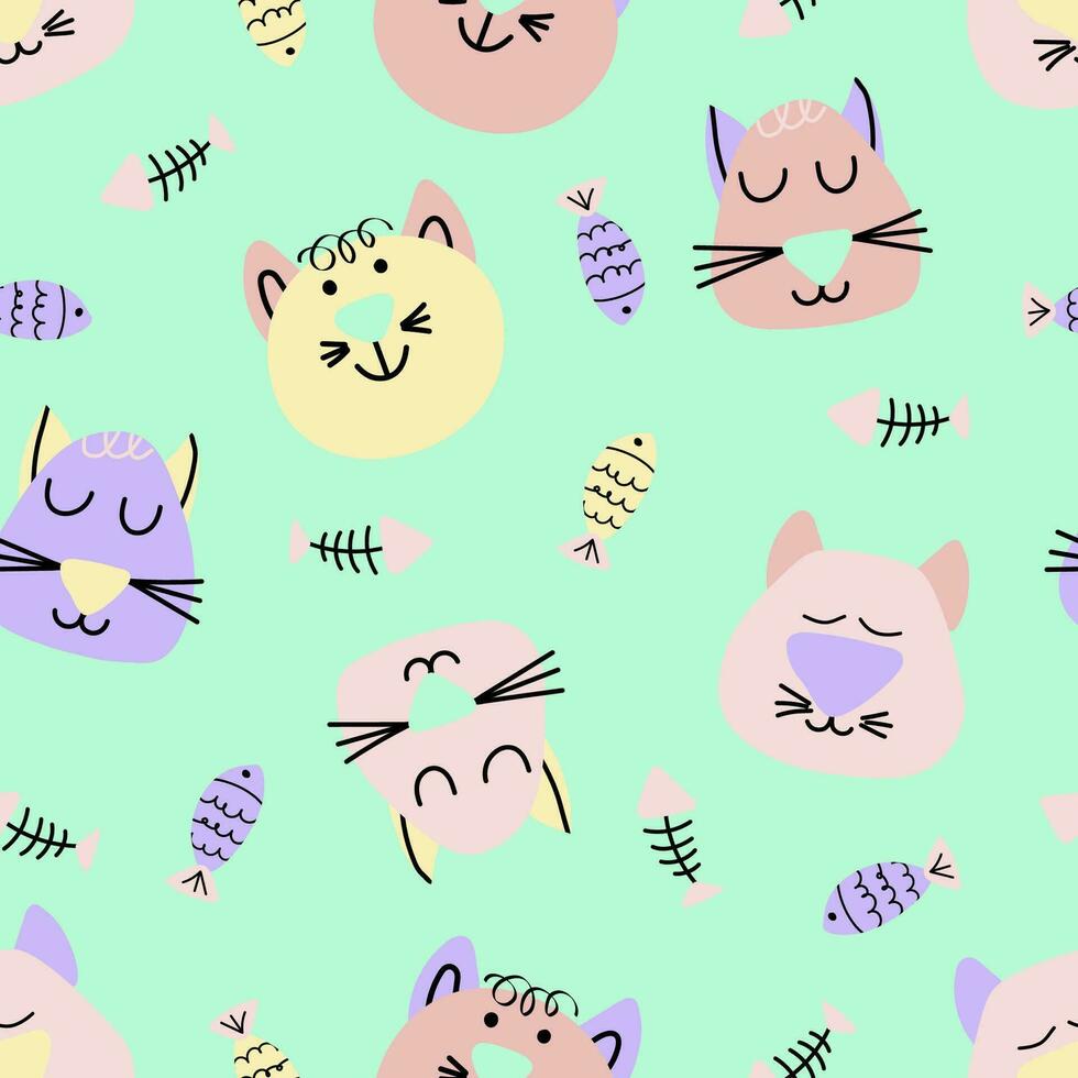 Hand drawn vector seamless pattern of funny cartoon kittens, fish, fish bone