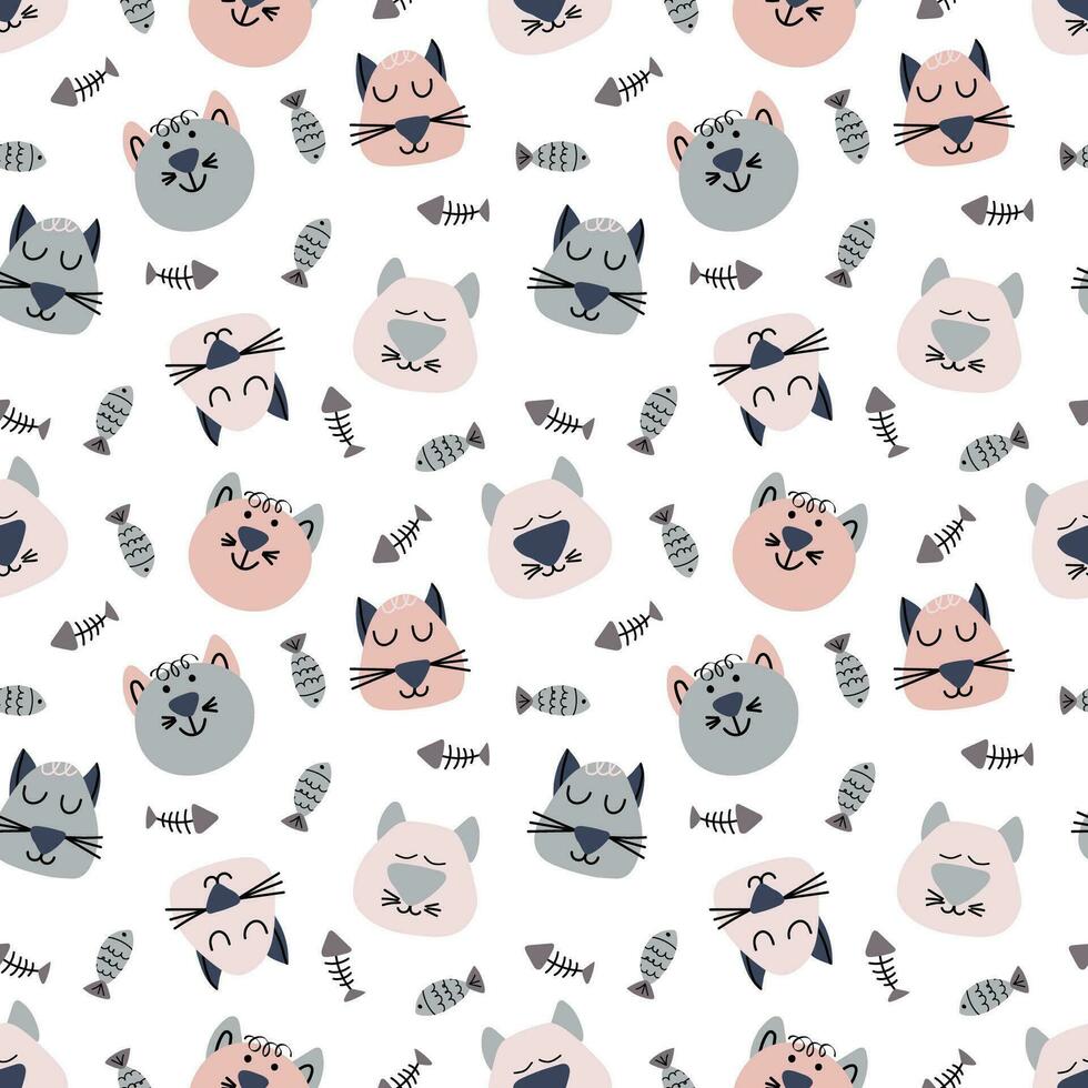 Hand drawn cat vector seamless pattern of funny cartoon kittens, fish, fish bone