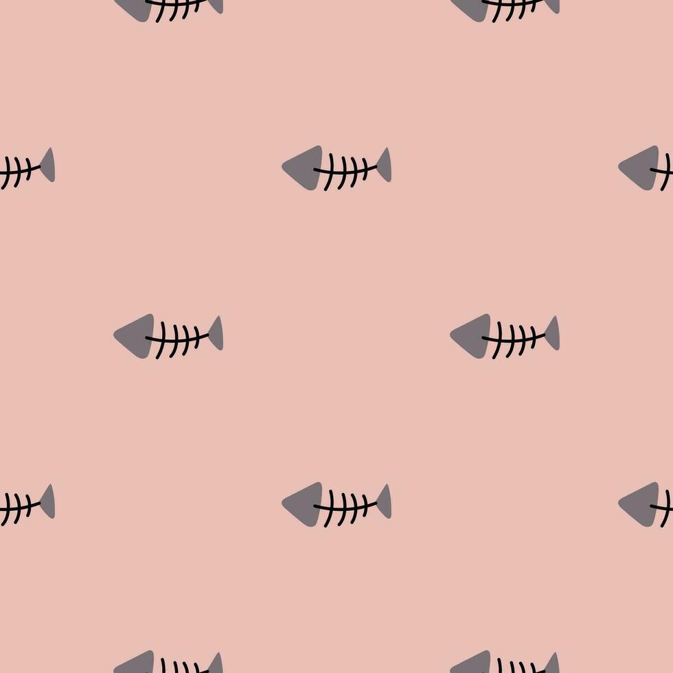 Hand drawn vector cat seamless pattern of funny cartoon fish bone, fish skeleton