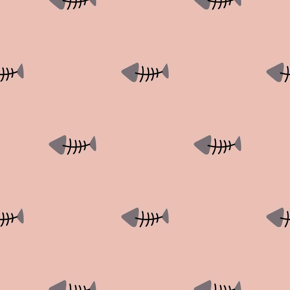 Hand drawn vector cat seamless pattern of funny cartoon fish bone, fish skeleton