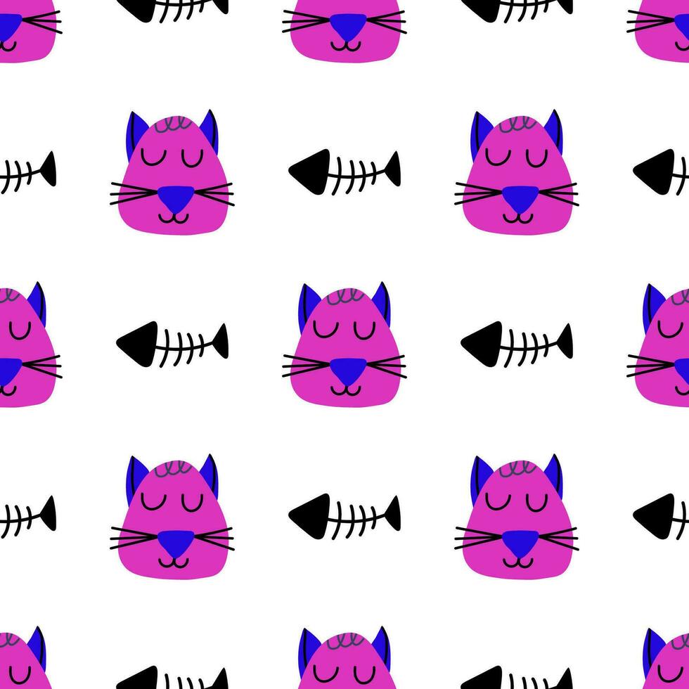 Hand drawn vector seamless pattern of funny cartoon kittens, fish, fish bone