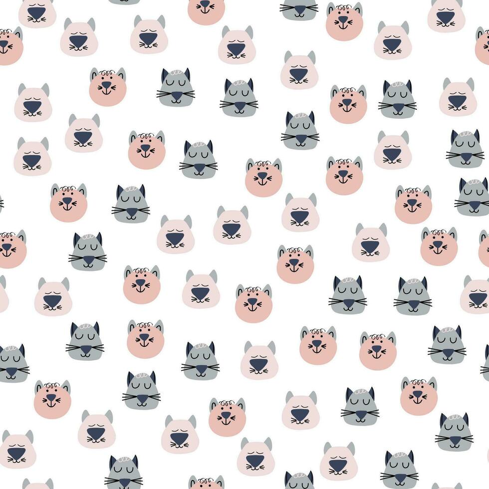 Hand drawn vector seamless pattern of funny cartoon kittens