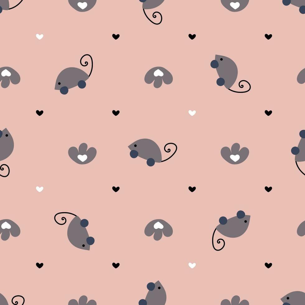 Hand drawn cat vector seamless pattern of funny cartoon mouse toy, cat's paw and hearts