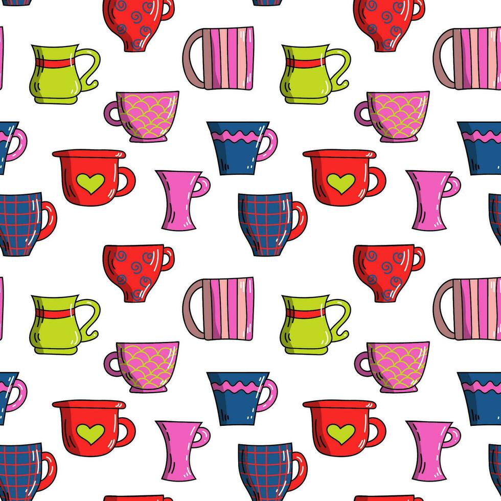 Vector bright colorful seamless pattern of mugs, lollipops and candy in doodle style