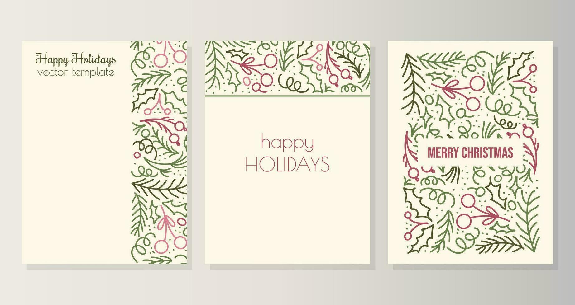 Set of vector elegant Christmas hand drawn doodle style cards with berries, pine sprigs, holly