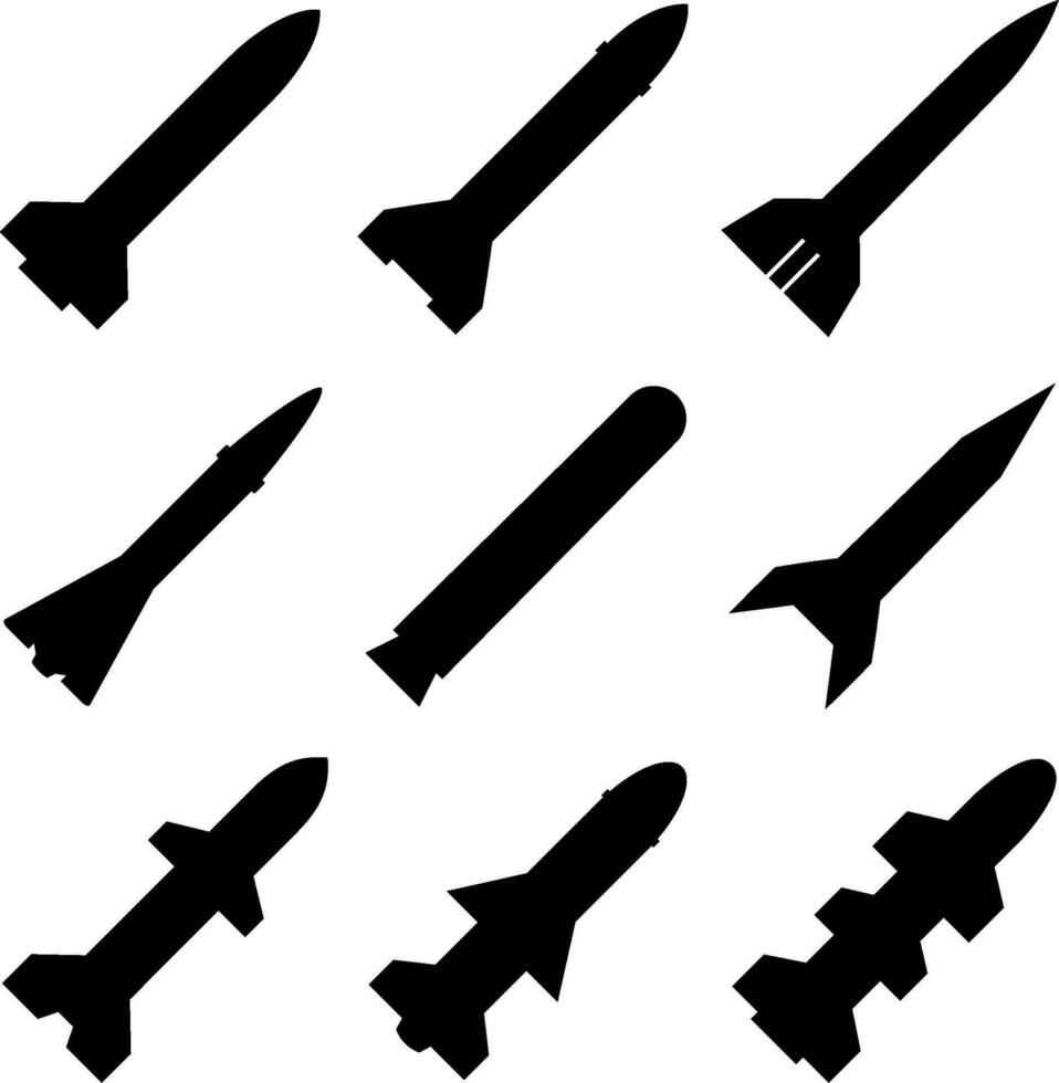 Missile icon set. Missile graphic resources for icon, symbol, or sign. Vector icon of rocket missiles for design of war, conflict or military