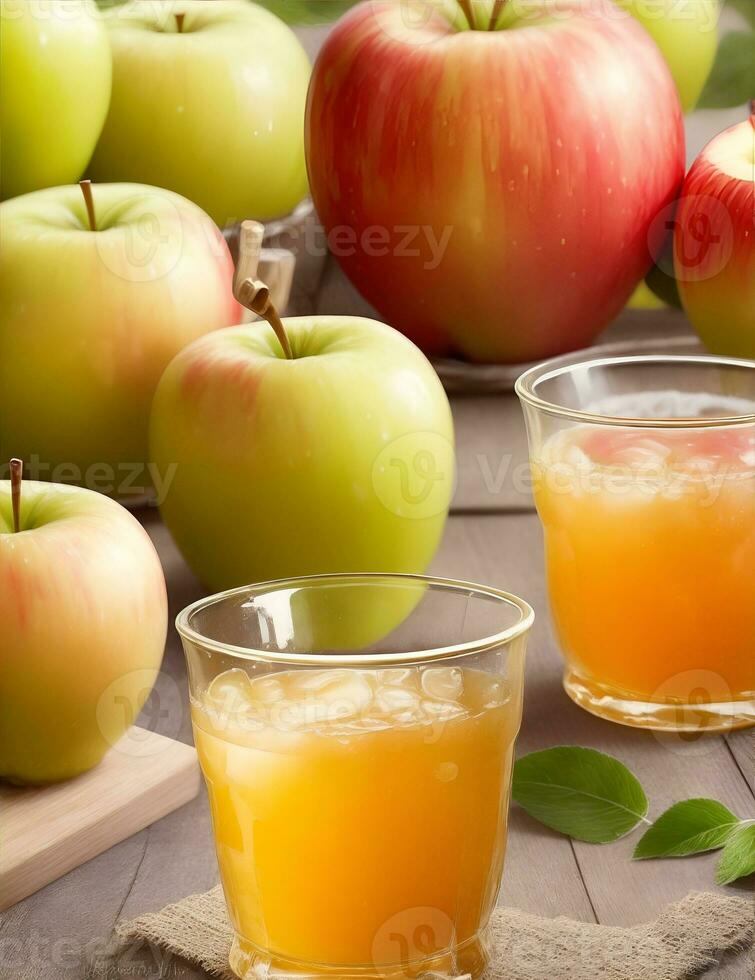 Apple juice and fresh apples on wooden background. Selective focus. ai generated photo