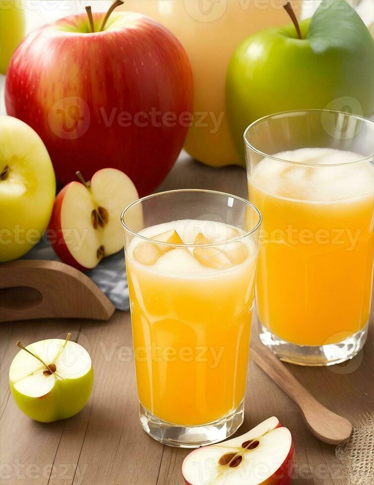 Apple juice and fresh apples on wooden background. Selective focus. ai generated photo