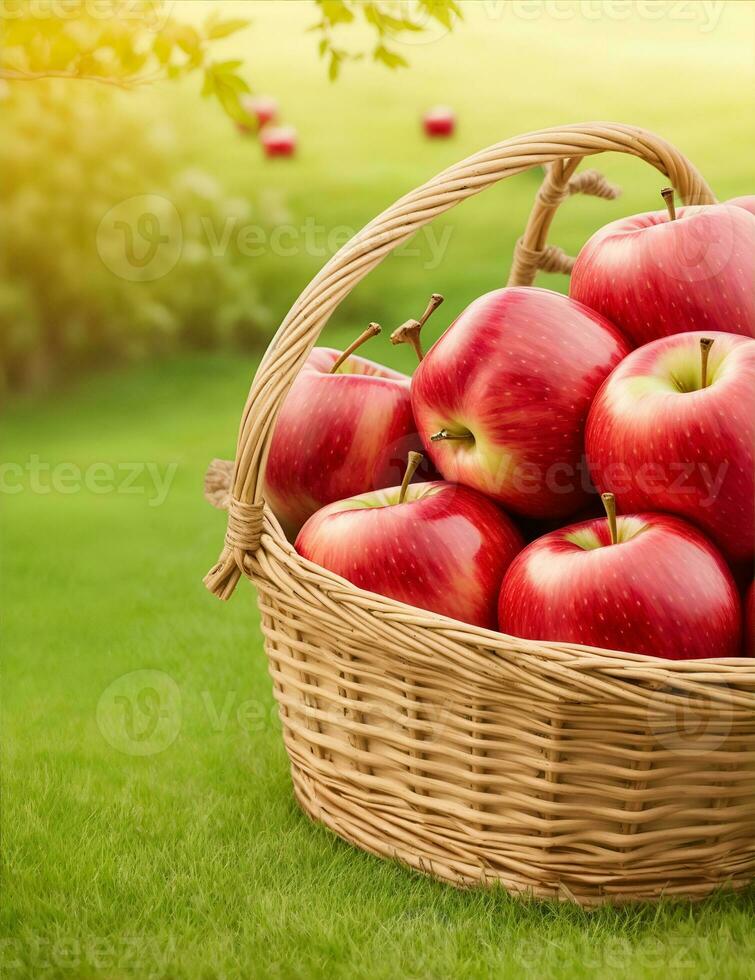 Ripe red apples in a wicker basket on the green grass by ai generated photo