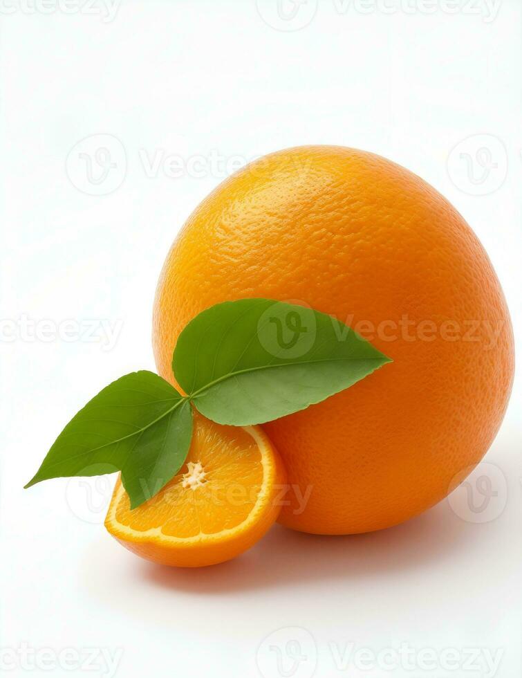 Ripe orange isolated with leaf on a white background Clipping Path by ai generated. photo