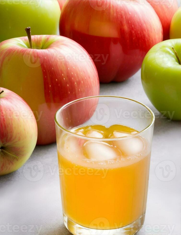 Apple juice and fresh apples on wooden background. Selective focus. ai generated photo