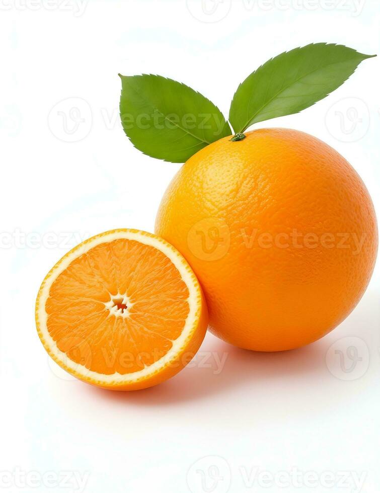 Ripe orange isolated with leaf on a white background Clipping Path by ai generated. photo