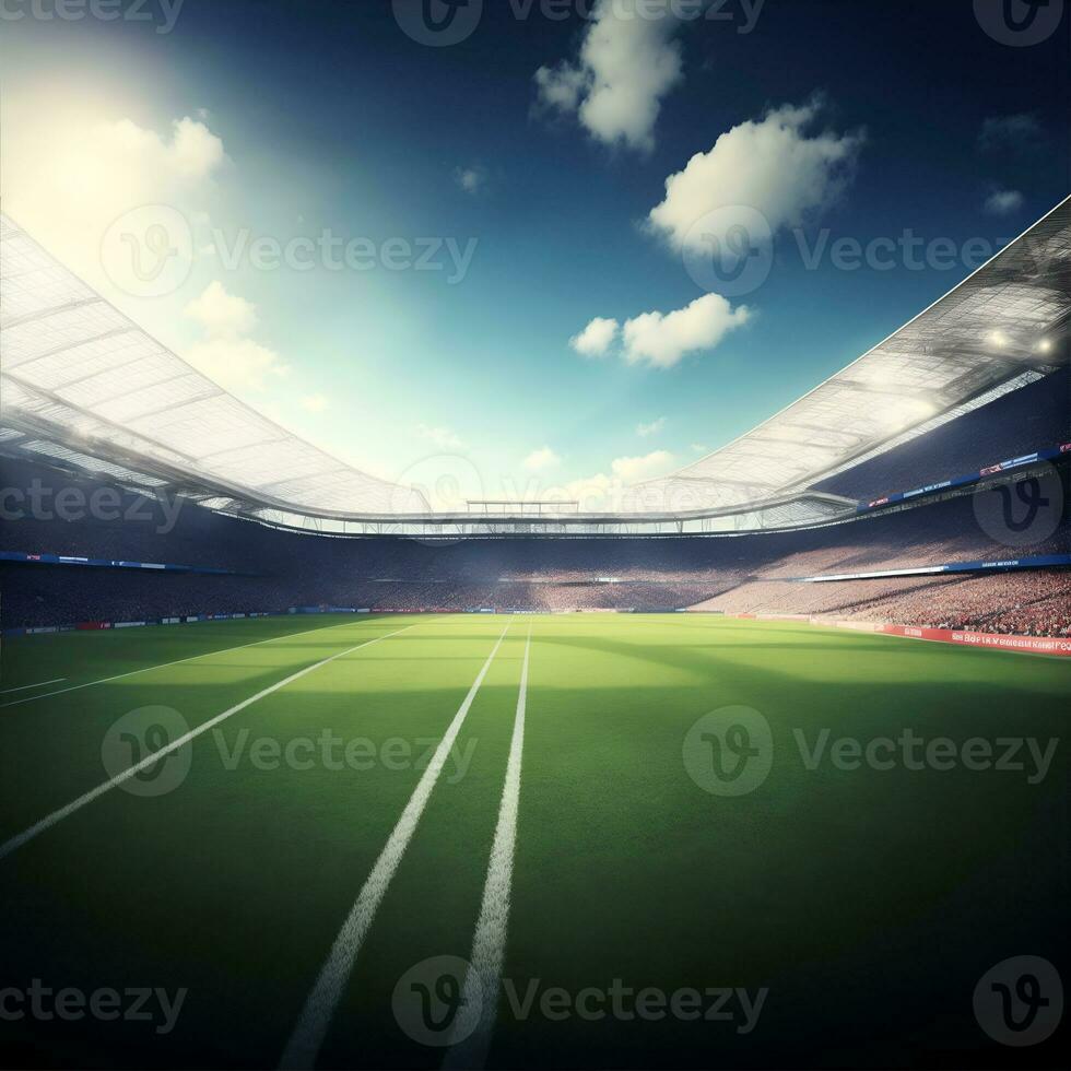 Soccer field with illumination, green grass, and cloudy sky, background for design or advertising by ai generated photo