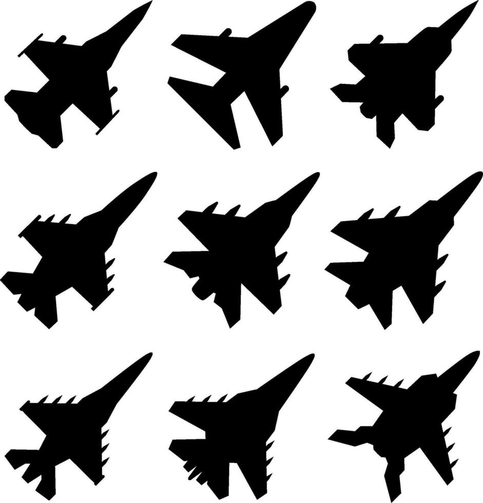 combatiente chorro icono colocar. militar avión gráfico recursos para icono, símbolo, o signo. vector icono de militar aeronave para diseño de militar, guerra o conflicto