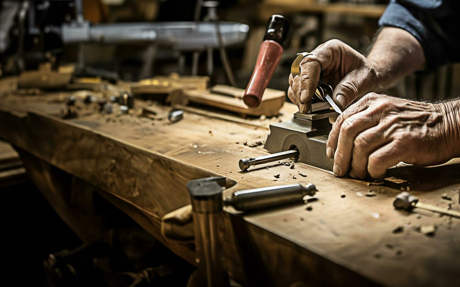 Carpenter Craft, Hands, Chisel, Mallet, Wood Shavings photo