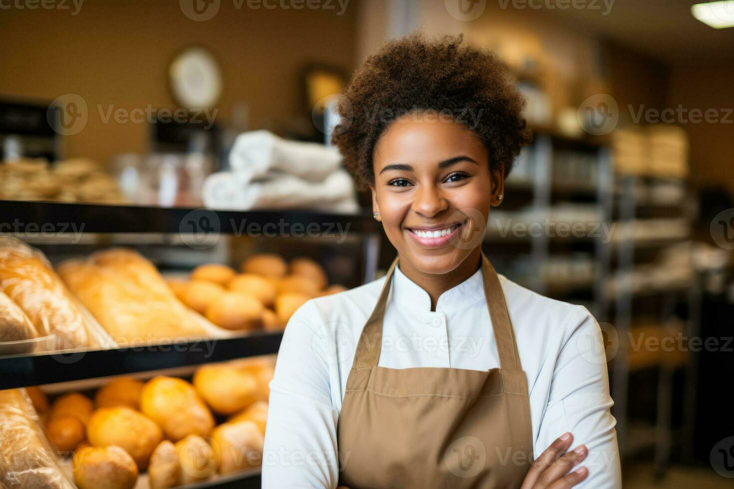 Cheerful young employee in grocery store smiling at the camera photo