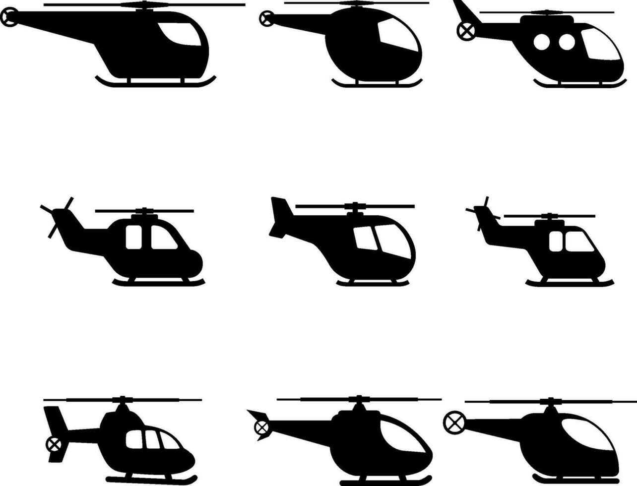 helicóptero icono colocar. aeronave gráfico recursos para icono, símbolo, o signo. vector icono de helicópteros para diseño de vuelo, aviación o transporte