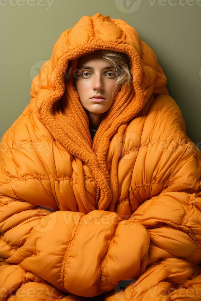 individual empaquetado en cobija vigorizante en contra otoño frío aislado en un degradado antecedentes foto
