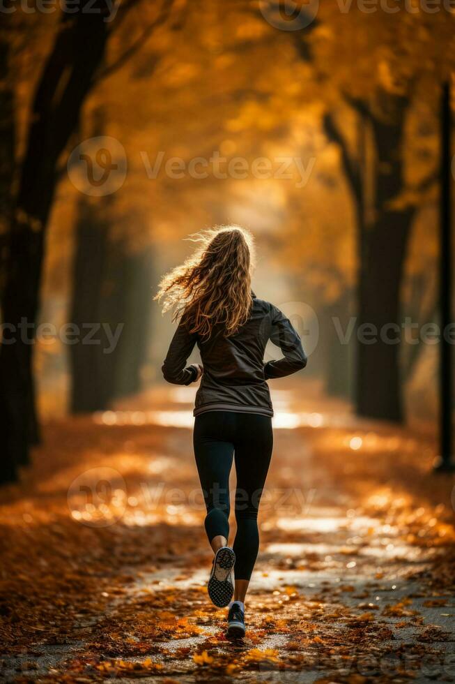 individual trotar mediante un hoja esparcido parque durante otoño a aumentar inmunidad foto