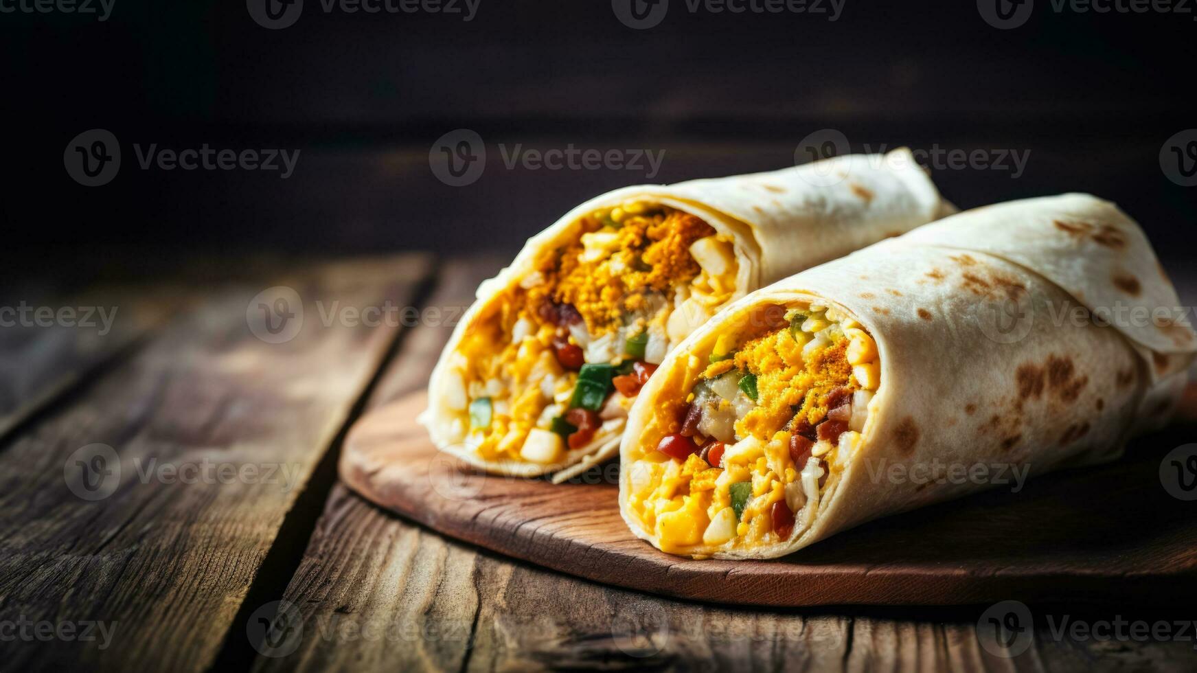 Handmade breakfast burritos on weathered picnic table background with empty space for text photo