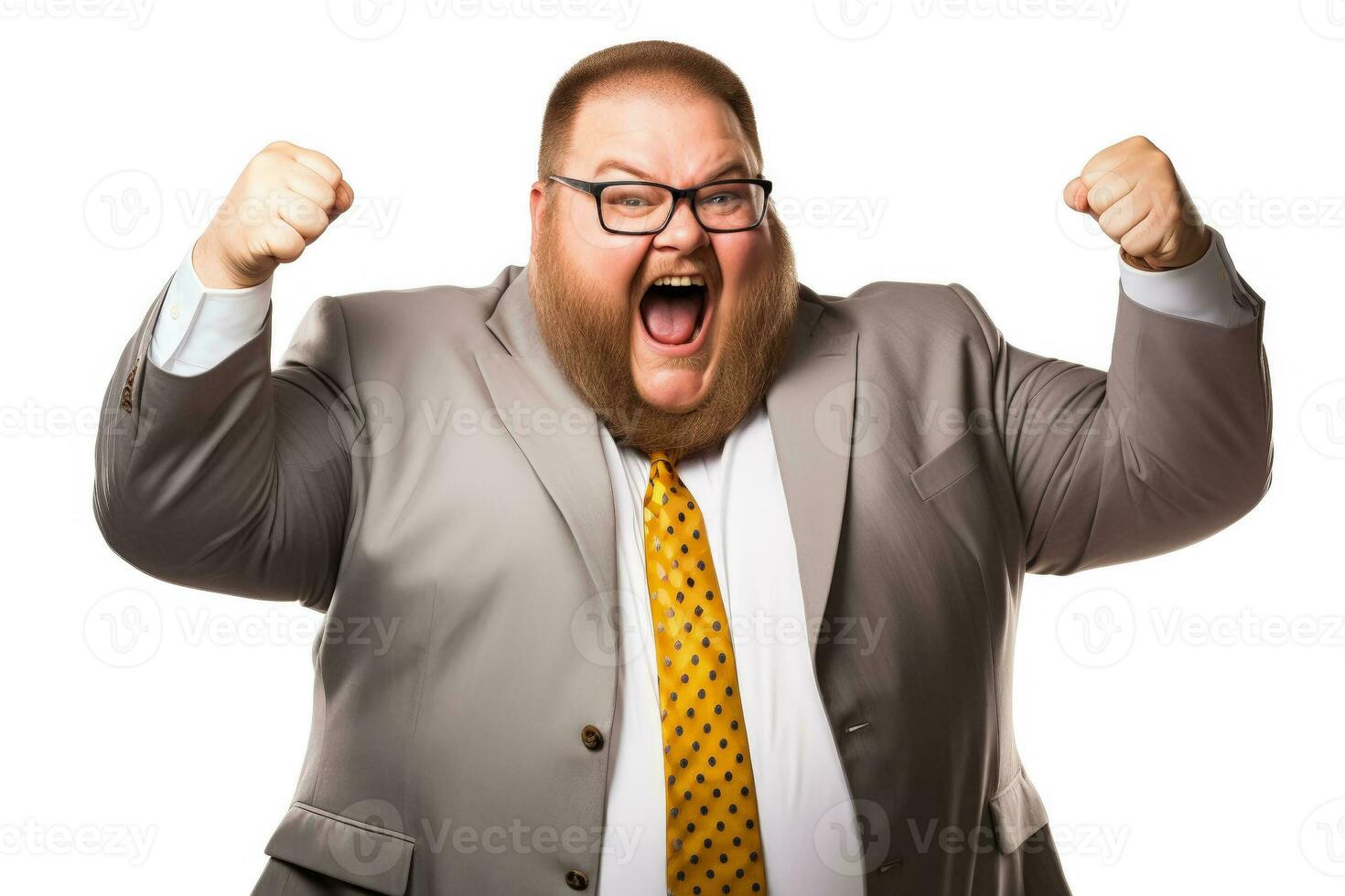 Passionate fat manager with a raised fist isolated on a white background photo