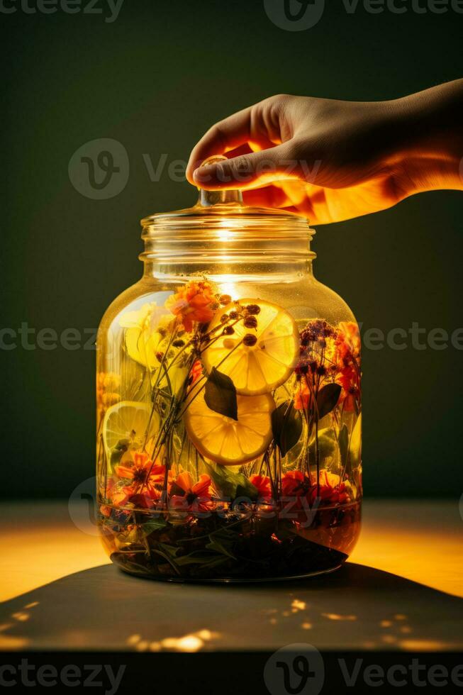 Person steeping herbal tea for autumn cold relief isolated on a gradient background photo