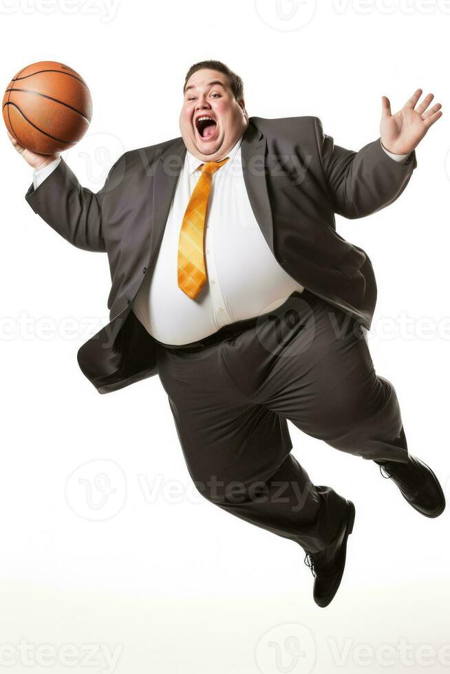 Enthusiastic fat manager tossing a basketball isolated on a white background photo