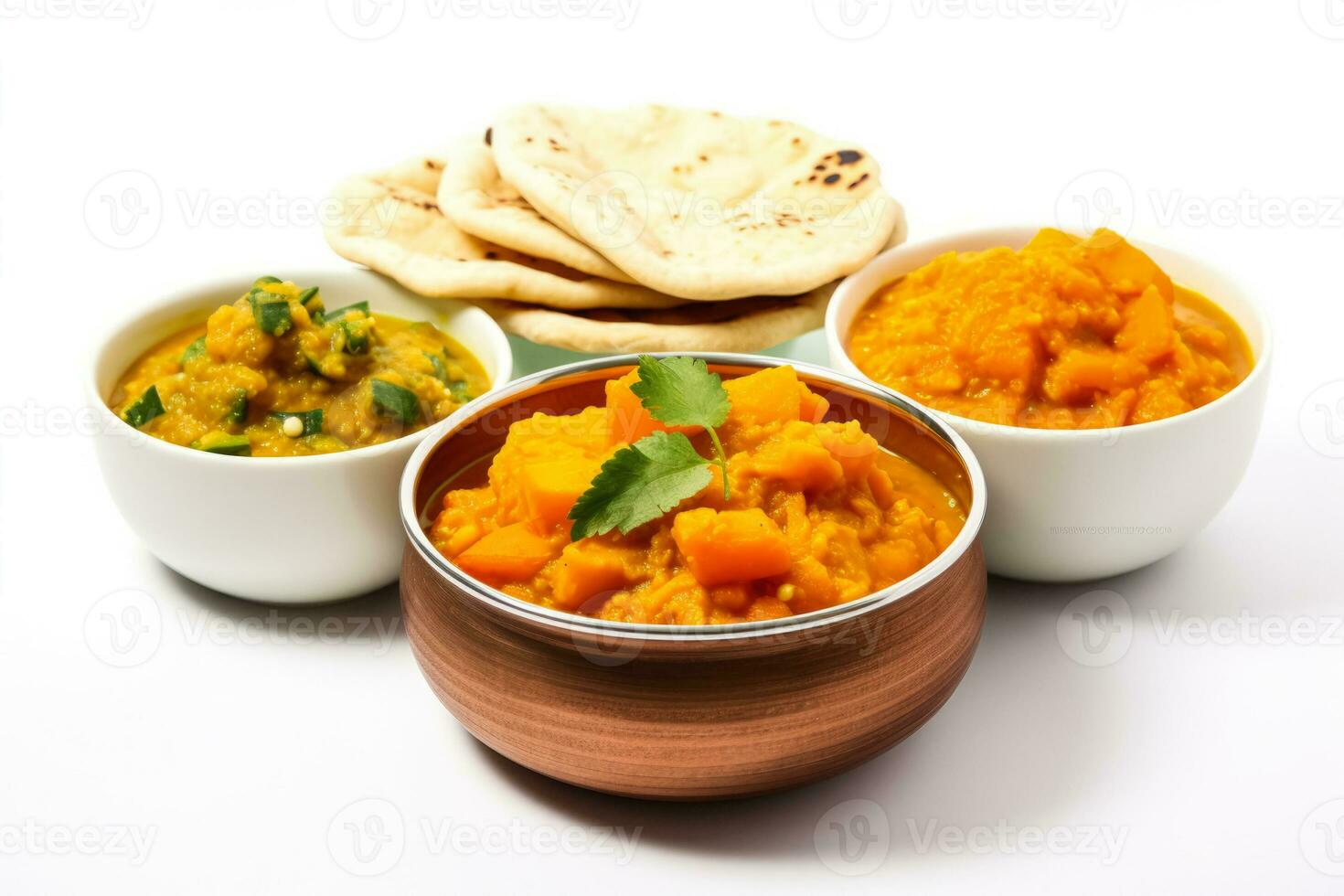 Indian pumpkin curry with side dishes in traditional setting isolated on a white background photo