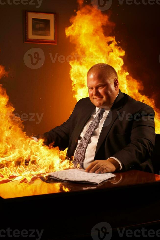 A portly manager burning midnight oil at desk isolated on a gradient background photo