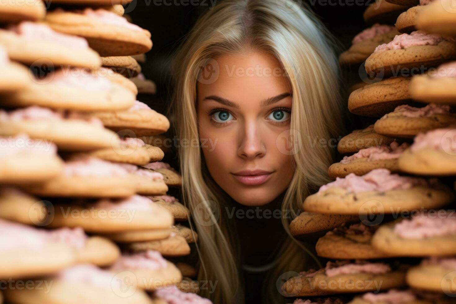 Blonde girl sneaking glance at stack of pink frosted sugar cookies photo