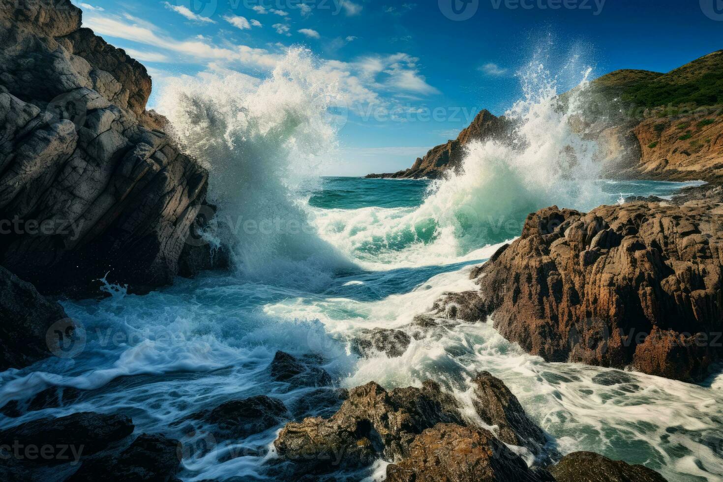 Dramatic sea waves ferociously assaulting a peaceful rocky coastline photo