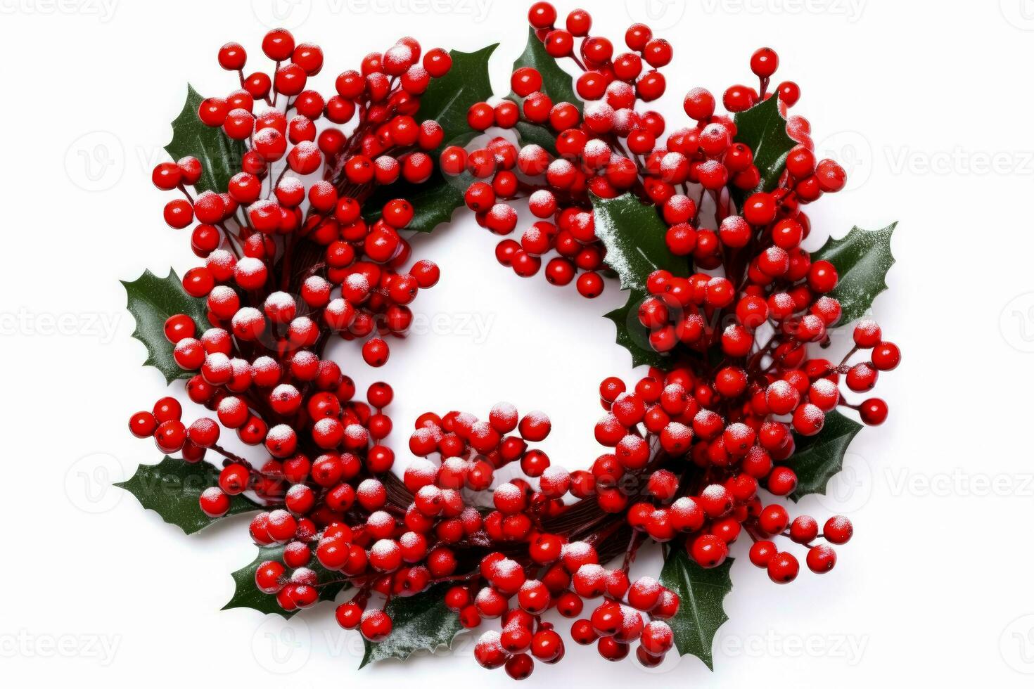 Frosted holly berries on a traditional New Years wreath isolated on a white background photo