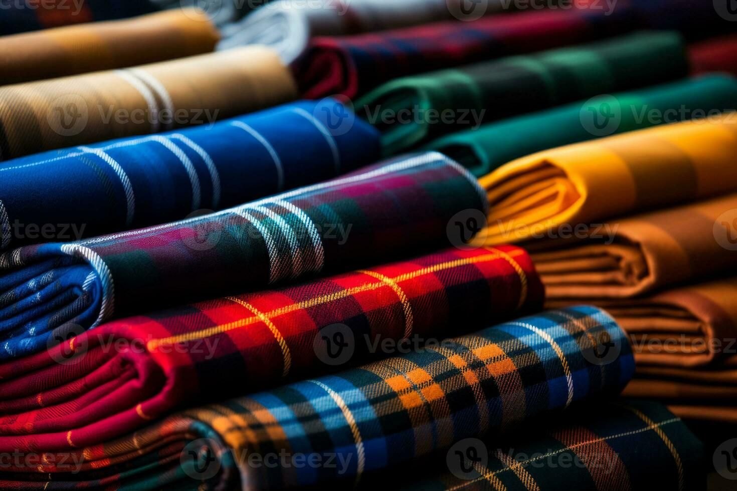 Assortment of tartan plaid patterns in varied color palettes displayed up close photo
