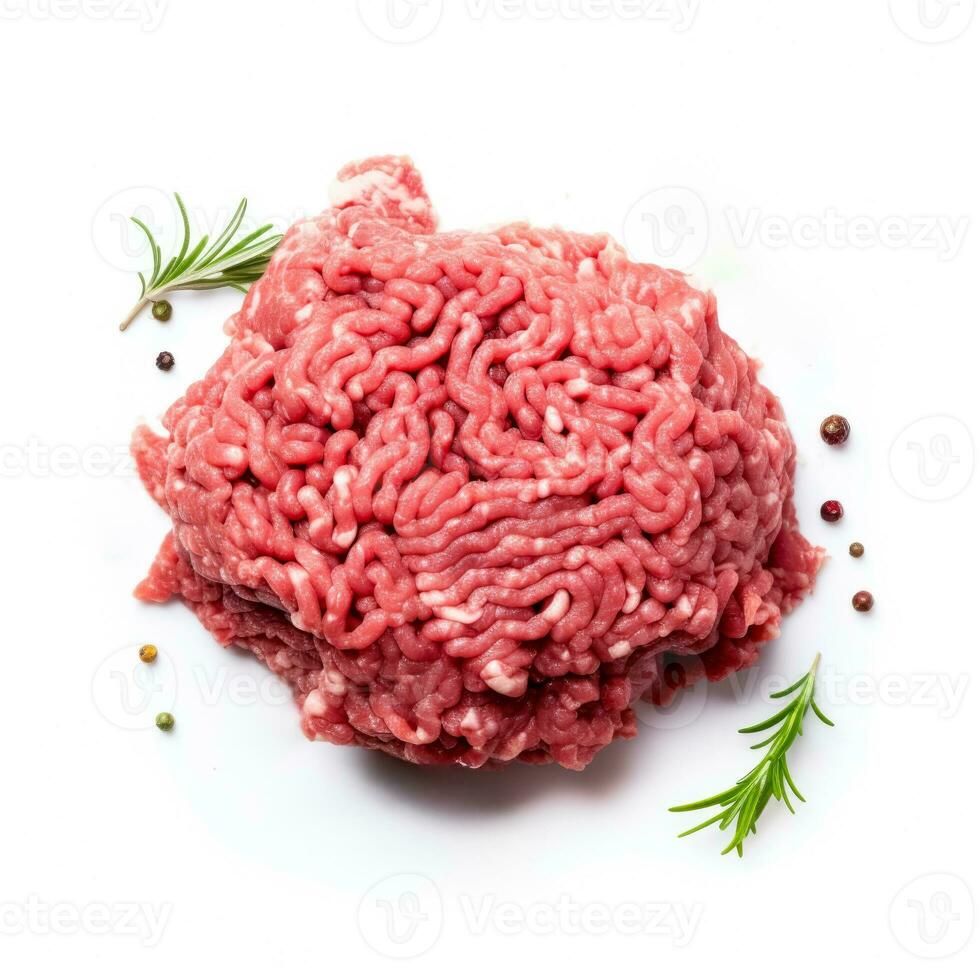 Uncooked spiced minced meat artistically isolated on a stark white background photo