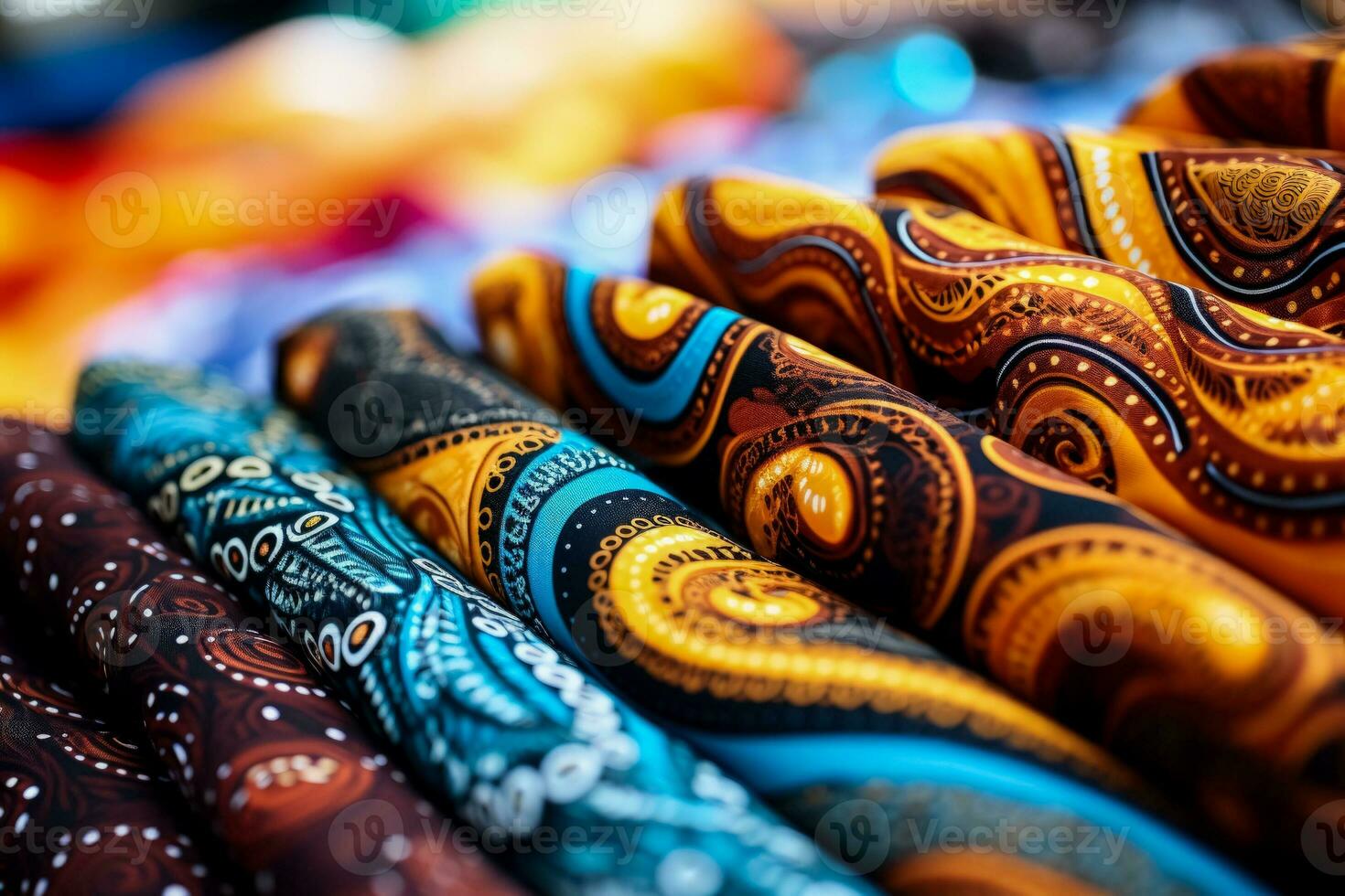 Detailed close up shots of vibrant batik fabric patterns on textile backgrounds photo