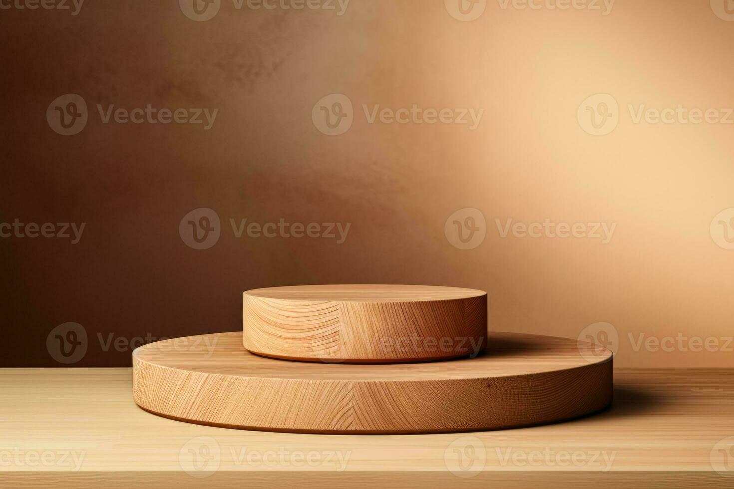Wooden podium on a beige background for presenting products photo