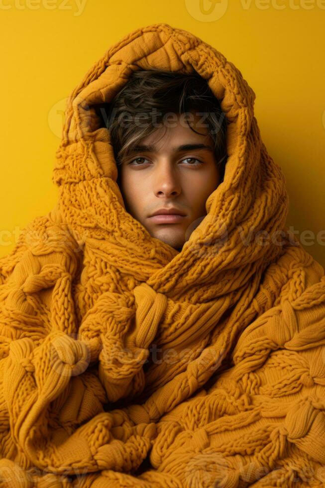 Individual bundled in blanket bracing against fall chill isolated on a gradient background photo