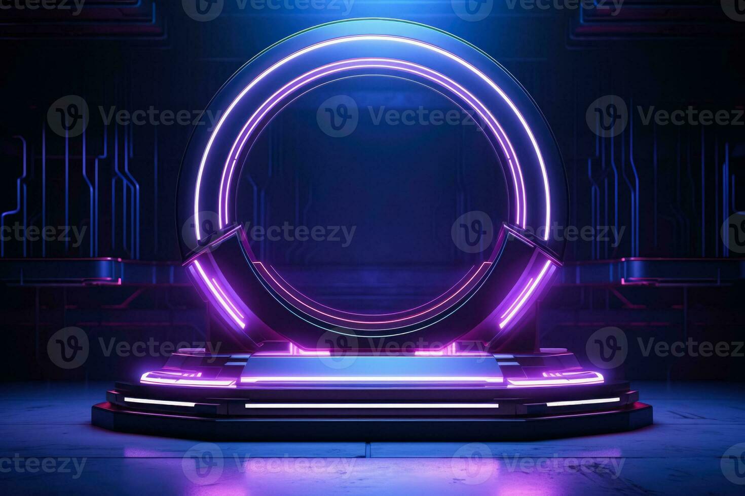 Futuristic cyberpunk display with 3D rendering and neon glow stand photo