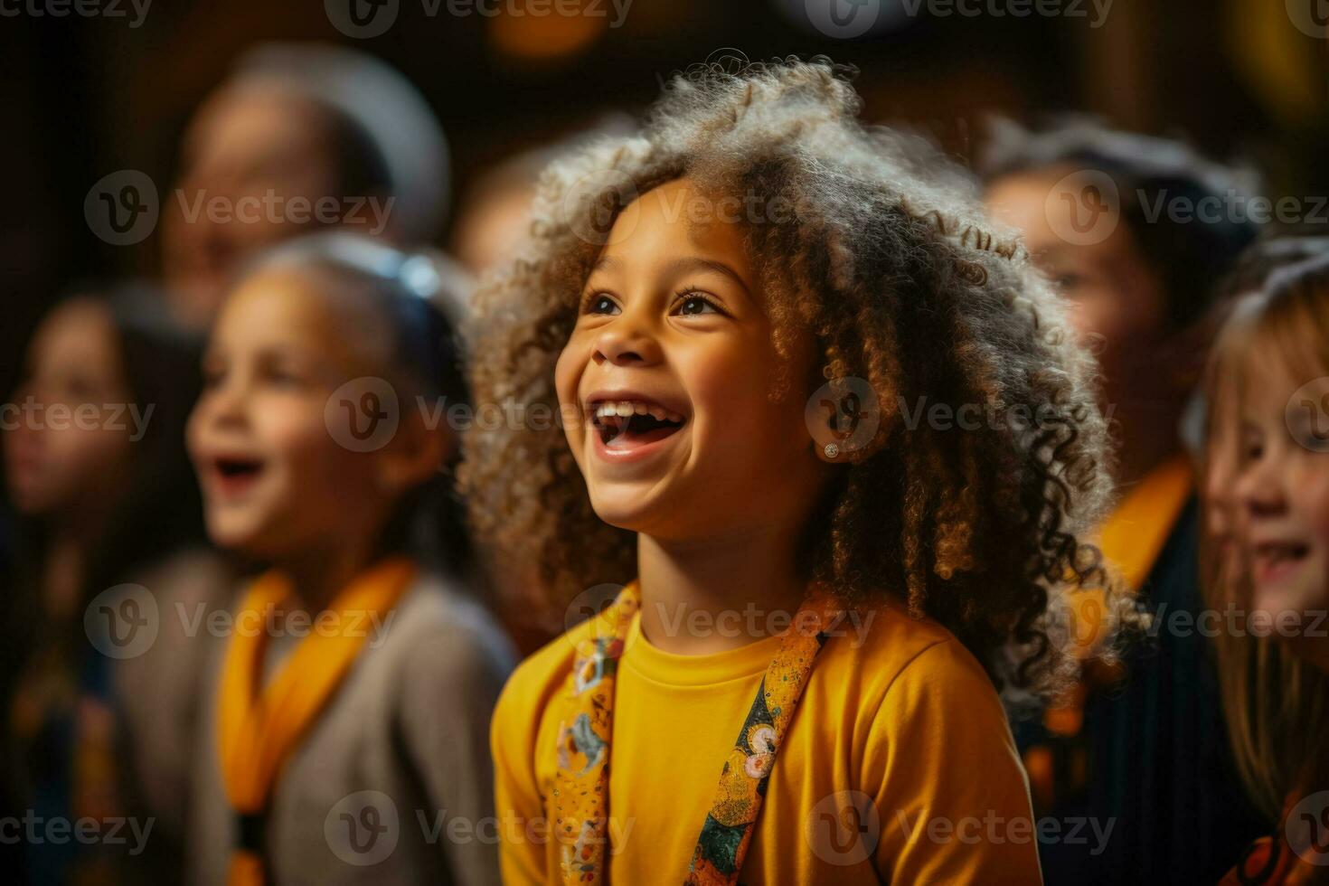 A group of childrens theater students enthusiastically rehearsing a lively musical number photo