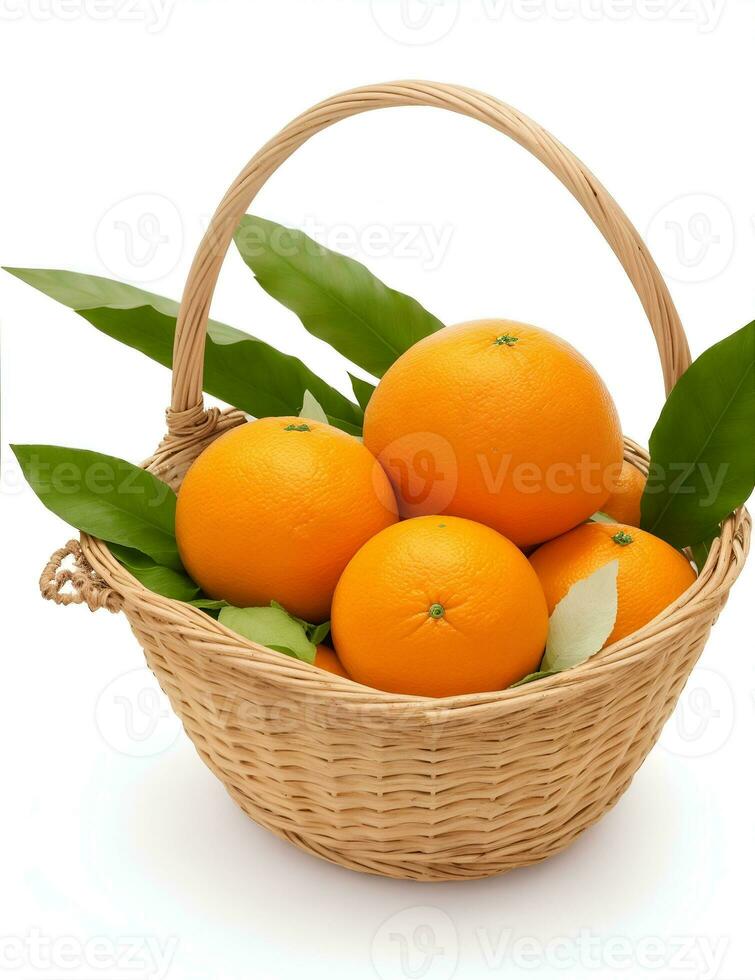 orgánico maduro mandarinas en un cesta en un blanco antecedentes por generado por ai foto