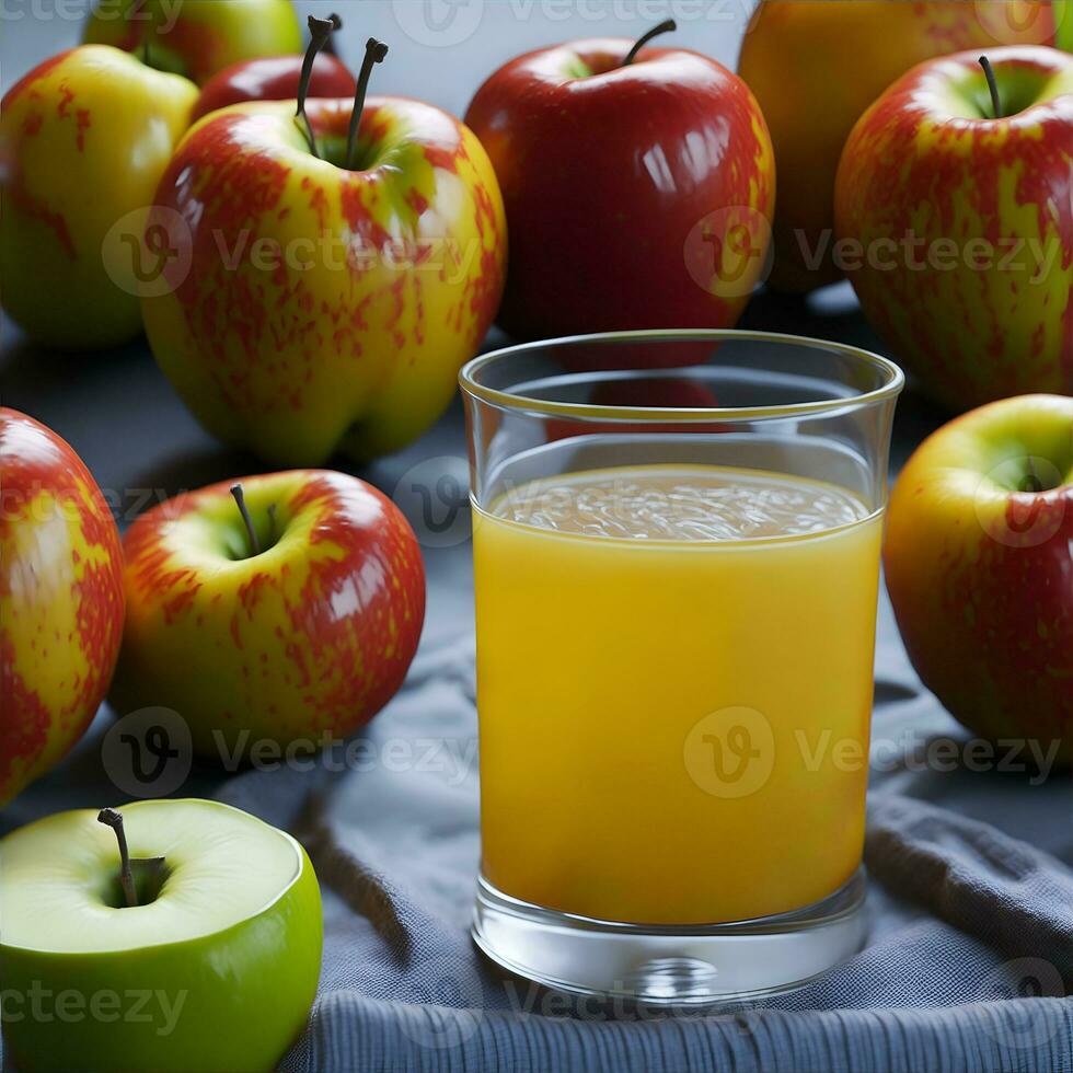 Apple juice and fresh apples on wooden background. Selective focus. ai generated photo