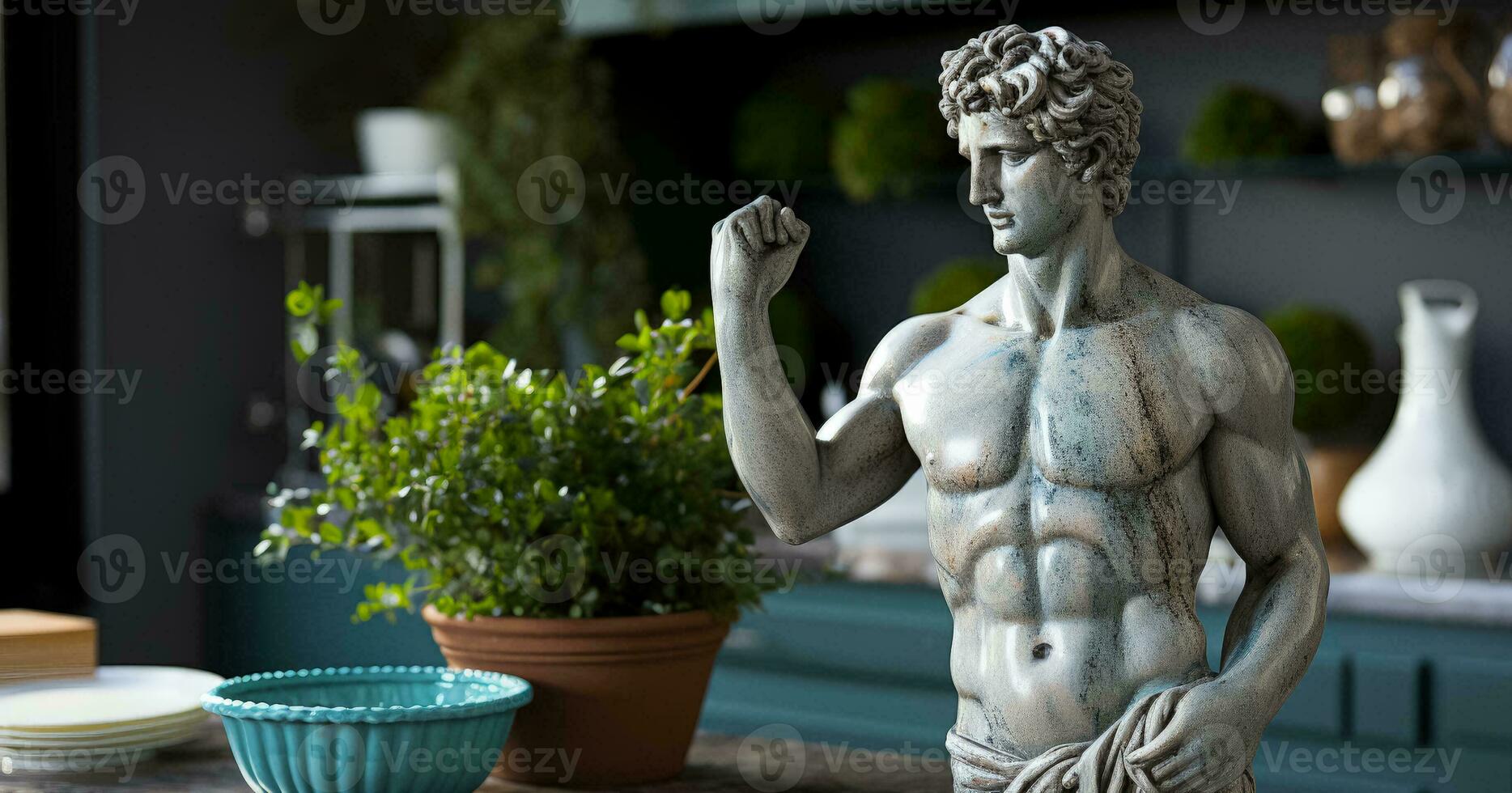 Marble greek statue cooks food in the modern kitchen photo